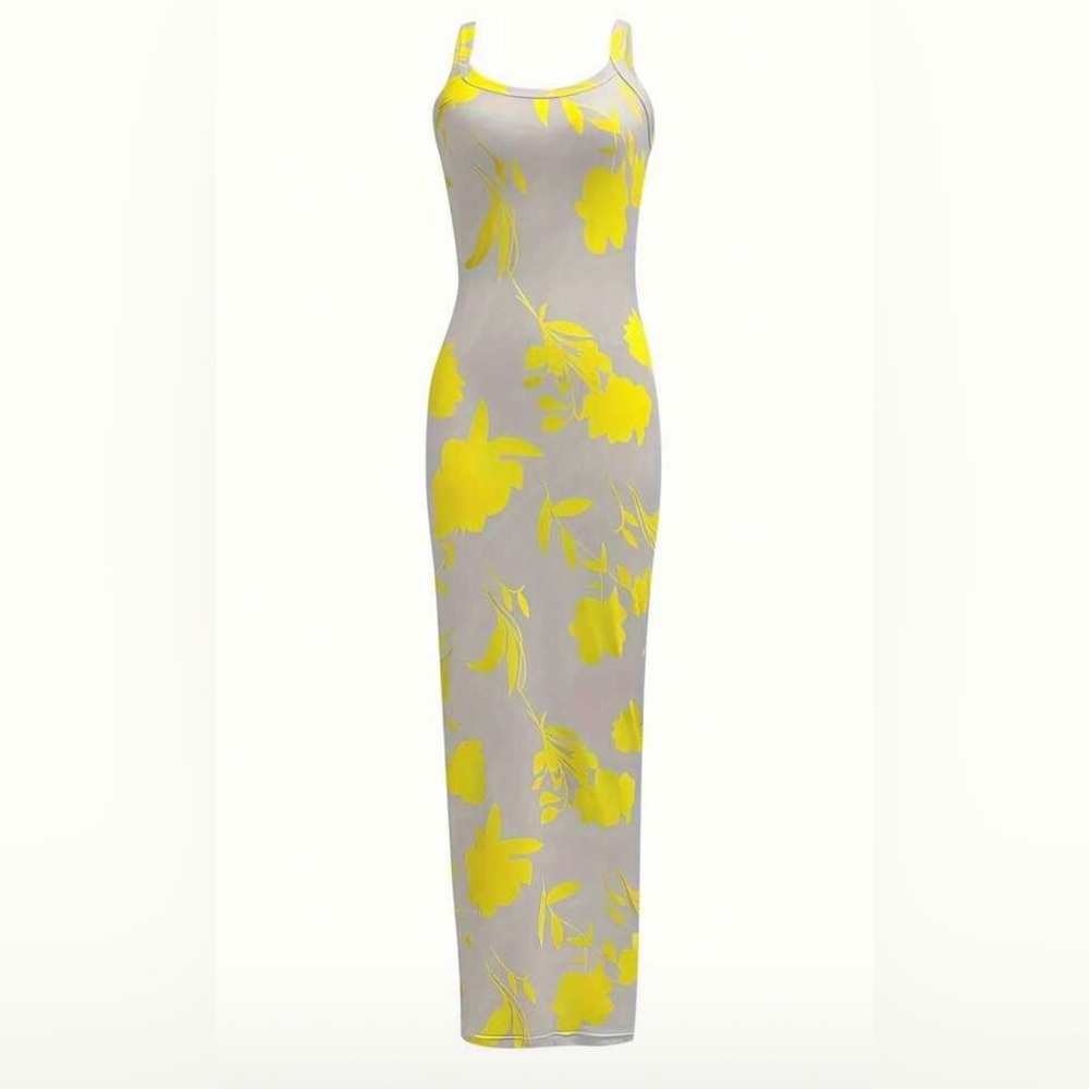 Gray and Yellow Patterned Maxi Dress